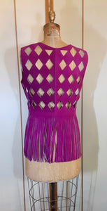 70s Suede Couture Magenta Pink Fringe Cutout Vest, Belt, and Purse Set Flexible Size