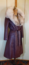 Load image into Gallery viewer, Vintage Women's Leather Coat- 70s Purple Eggplant I Magnin Norwegian MASSIVE Silver Fox Fur Collar Coat