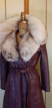 Load image into Gallery viewer, Vintage Women's Leather Coat- 70s Purple Eggplant I Magnin Norwegian MASSIVE Silver Fox Fur Collar Coat