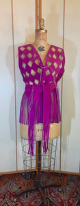 70s Suede Couture Magenta Pink Fringe Cutout Vest, Belt, and Purse Set Flexible Size