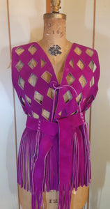 70s Suede Couture Magenta Pink Fringe Cutout Vest, Belt, and Purse Set Flexible Size