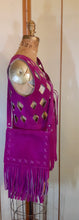 Load image into Gallery viewer, 70s Suede Couture Magenta Pink Fringe Cutout Vest, Belt, and Purse Set Flexible Size