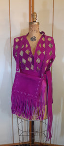 70s Suede Couture Magenta Pink Fringe Cutout Vest, Belt, and Purse Set Flexible Size