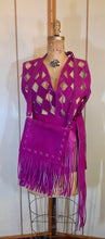 Load image into Gallery viewer, 70s Suede Couture Magenta Pink Fringe Cutout Vest, Belt, and Purse Set Flexible Size