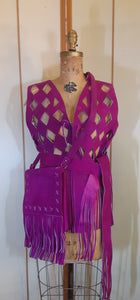 70s Suede Couture Magenta Pink Fringe Cutout Vest, Belt, and Purse Set Flexible Size