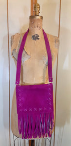 70s Suede Couture Magenta Pink Fringe Cutout Vest, Belt, and Purse Set Flexible Size