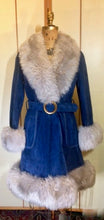 Load image into Gallery viewer, 70s Blue Suede Shearling Fit and Flare Penny Lane Almost Famous Hippy Chic Boho Coat S/M