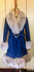 70s Blue Suede Shearling Fit and Flare Penny Lane Almost Famous Hippy Chic Boho Coat S/M