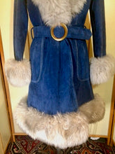 Load image into Gallery viewer, 70s Blue Suede Shearling Fit and Flare Penny Lane Almost Famous Hippy Chic Boho Coat S/M