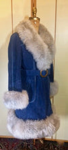 Load image into Gallery viewer, 70s Blue Suede Shearling Fit and Flare Penny Lane Almost Famous Hippy Chic Boho Coat S/M