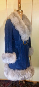 70s Blue Suede Shearling Fit and Flare Penny Lane Almost Famous Hippy Chic Boho Coat S/M