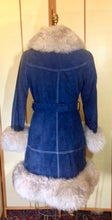 Load image into Gallery viewer, 70s Blue Suede Shearling Fit and Flare Penny Lane Almost Famous Hippy Chic Boho Coat S/M