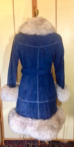 70s Blue Suede Shearling Fit and Flare Penny Lane Almost Famous Hippy Chic Boho Coat S/M