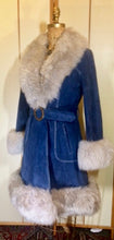 Load image into Gallery viewer, 70s Blue Suede Shearling Fit and Flare Penny Lane Almost Famous Hippy Chic Boho Coat S/M