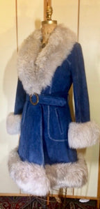 70s Blue Suede Shearling Fit and Flare Penny Lane Almost Famous Hippy Chic Boho Coat S/M