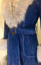 Load image into Gallery viewer, 70s Blue Suede Shearling Fit and Flare Penny Lane Almost Famous Hippy Chic Boho Coat S/M