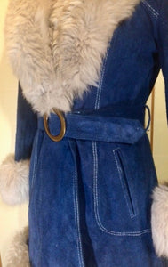 70s Blue Suede Shearling Fit and Flare Penny Lane Almost Famous Hippy Chic Boho Coat S/M