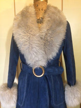 Load image into Gallery viewer, 70s Blue Suede Shearling Fit and Flare Penny Lane Almost Famous Hippy Chic Boho Coat S/M