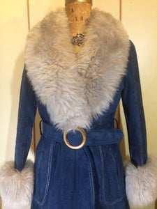 70s Blue Suede Shearling Fit and Flare Penny Lane Almost Famous Hippy Chic Boho Coat S/M