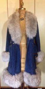 70s Blue Suede Shearling Fit and Flare Penny Lane Almost Famous Hippy Chic Boho Coat S/M