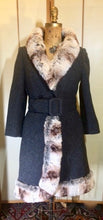 Load image into Gallery viewer, Lilli Ann Wool Grey Mod 60s Coat Fur Chinchilla Striped Trim Small Princess Fit, Flare