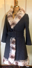 Load image into Gallery viewer, Lilli Ann Wool Grey Mod 60s Coat Fur Chinchilla Striped Trim Small Princess Fit, Flare