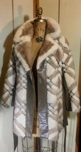 60s Geometric Mink Leather Coat --Mod Mosaic Mink White and Brown Patchwork ColorBlock Coat S/M