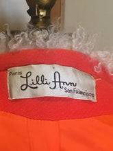 Load image into Gallery viewer, Orange Lilli Ann Curly Mongolian Lamb Coat Assymetrical Wool Bright Orange Small Mod 60s Coat Fall Holiday Winter