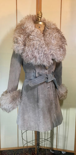 70s Suede Sheepskin Shearling Gray Penny Lane Coat Princess Fit and Flare Almost Famous Small Boho Hippy Bohemian 70s