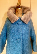 Load image into Gallery viewer, Vintage Coat- Mod 60s Turquoise Blue Mink Collar Boucle Wool Swing Mad Men Coat