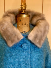 Load image into Gallery viewer, Vintage Coat- Mod 60s Turquoise Blue Mink Collar Boucle Wool Swing Mad Men Coat