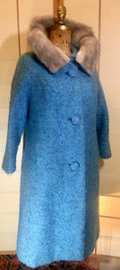 Vintage Coat- Mod 60s Turquoise Blue Mink Collar Boucle Wool Swing Mad Men Coat