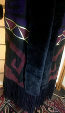 Load image into Gallery viewer, Purple Suede Aztec Patchwork Fringe Native American Leather Warm Cozy Pink Magenta Beaded Sheared Fur Long Coat M/L