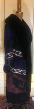 Load image into Gallery viewer, Purple Suede Aztec Patchwork Fringe Native American Leather Warm Cozy Pink Magenta Beaded Sheared Fur Long Coat M/L