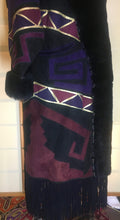 Load image into Gallery viewer, Purple Suede Aztec Patchwork Fringe Native American Leather Warm Cozy Pink Magenta Beaded Sheared Fur Long Coat M/L