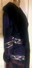 Load image into Gallery viewer, Purple Suede Aztec Patchwork Fringe Native American Leather Warm Cozy Pink Magenta Beaded Sheared Fur Long Coat M/L