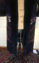 Load image into Gallery viewer, Purple Suede Aztec Patchwork Fringe Native American Leather Warm Cozy Pink Magenta Beaded Sheared Fur Long Coat M/L