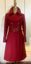 Load image into Gallery viewer, Red Wool Mod 60s Coat Double Breasted Princess Cut Fit Flare Belted Small Kate Middleton Style Pinup Career Coat