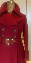 Load image into Gallery viewer, Red Wool Mod 60s Coat Double Breasted Princess Cut Fit Flare Belted Small Kate Middleton Style Pinup Career Coat