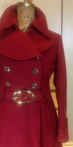 Red Wool Mod 60s Coat Double Breasted Princess Cut Fit Flare Belted Small Kate Middleton Style Pinup Career Coat