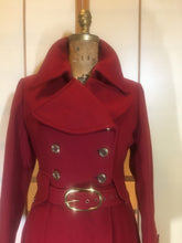 Load image into Gallery viewer, Red Wool Mod 60s Coat Double Breasted Princess Cut Fit Flare Belted Small Kate Middleton Style Pinup Career Coat