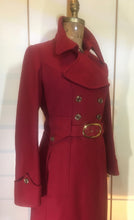 Load image into Gallery viewer, Red Wool Mod 60s Coat Double Breasted Princess Cut Fit Flare Belted Small Kate Middleton Style Pinup Career Coat
