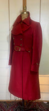 Load image into Gallery viewer, Red Wool Mod 60s Coat Double Breasted Princess Cut Fit Flare Belted Small Kate Middleton Style Pinup Career Coat