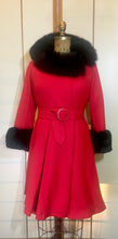 Load image into Gallery viewer, 60s Mod Red Lilli Ann Fit and Flare Black Fox Fur Trim Coat Belted Kate Middleton S/M Princess Pinup Holiday Valentine&#39;s Day Coat