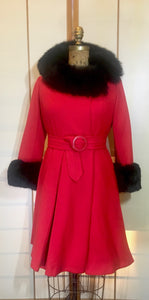 60s Mod Red Lilli Ann Fit and Flare Black Fox Fur Trim Coat Belted Kate Middleton S/M Princess Pinup Holiday Valentine's Day Coat