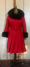 Load image into Gallery viewer, 60s Mod Red Lilli Ann Fit and Flare Black Fox Fur Trim Coat Belted Kate Middleton S/M Princess Pinup Holiday Valentine&#39;s Day Coat