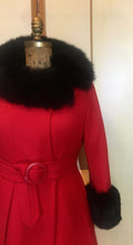 Load image into Gallery viewer, 60s Mod Red Lilli Ann Fit and Flare Black Fox Fur Trim Coat Belted Kate Middleton S/M Princess Pinup Holiday Valentine&#39;s Day Coat