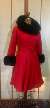 Load image into Gallery viewer, 60s Mod Red Lilli Ann Fit and Flare Black Fox Fur Trim Coat Belted Kate Middleton S/M Princess Pinup Holiday Valentine&#39;s Day Coat