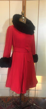 Load image into Gallery viewer, 60s Mod Red Lilli Ann Fit and Flare Black Fox Fur Trim Coat Belted Kate Middleton S/M Princess Pinup Holiday Valentine&#39;s Day Coat