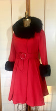 Load image into Gallery viewer, 60s Mod Red Lilli Ann Fit and Flare Black Fox Fur Trim Coat Belted Kate Middleton S/M Princess Pinup Holiday Valentine&#39;s Day Coat